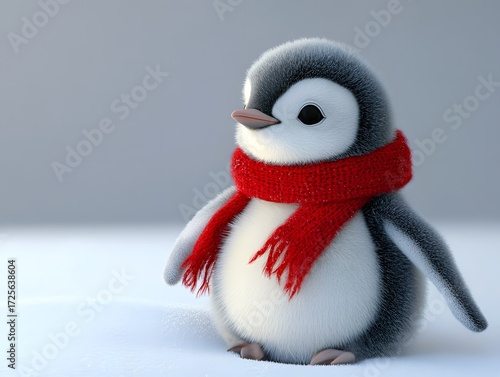 Adorable Baby Penguin Wearing Red Scarf in Snowy Winter Scene