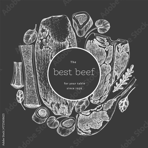 Butchery Shop Chalk Board Design Template. Vector Hand Drawn Meat Banner. Vintage Style Bar B Q Menu Illustration.