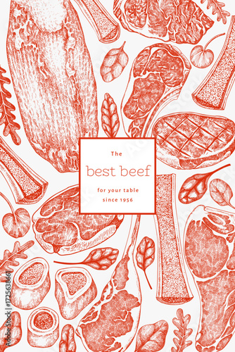 Butchery Shop Design Template. Vector Hand Drawn Meat Banner. Vintage Style Bar B Q Menu Illustration.