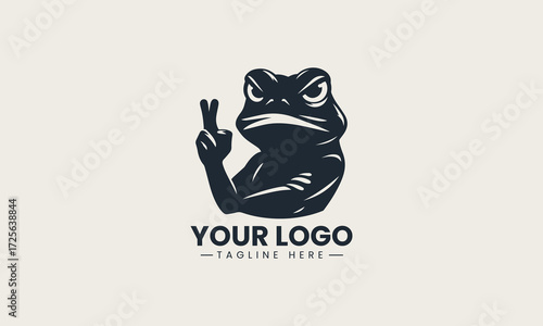 Grumpy frog character showing a middle finger in a bold black silhouette vector logo design on a clean white background, for humorous and edgy themes