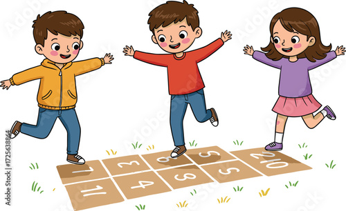 Happy children playing hopscotch outdoors, kids having fun together, childhood friends enjoying playground activity, outdoor game, joyful boys and girl smiling