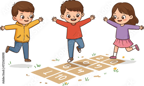 Happy children playing hopscotch game outdoors, kids jumping on playground, childhood activity, fun exercise, outdoor learning, cartoon illustration, school sport activity, healthy lifestyle