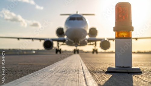 Airplane on the runway at sunset, close-up of an airport light