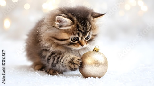 Playful kitten exploring shiny ornament in festive winter setting
