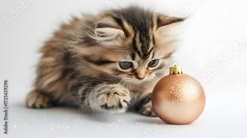 Curious Cat Playing with Golden Christmas Ornament for Holiday Cheer
