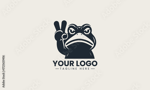 Grumpy frog character showing a middle finger in a bold black silhouette vector logo design on a clean white background, for humorous and edgy themes