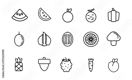 Fruit Icon Set, Vector lines, Contains icons such as apple, banana, cherry, lemon, watermelon, Avocado Editable stroke