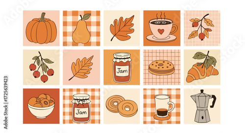 Cozy autumn harvest delights featuring pumpkins pears leaves berries jam donuts croissants and hot coffee perfect for seasonal celebrations and warm cozy vibes