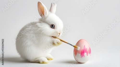 Cute White Bunny Painting a Colorful Egg for Easter Celebration