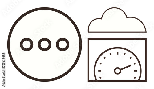 Three dots in a circle, a cloud, and a speedometer panel combine to symbolize data syncing, cloud storage, and performance measurement. Ideal for tech, innovation, speed, cloud computing networking
