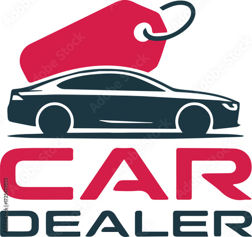Vector art of car dealer logo featuring a sleek vehicle with a price tag on