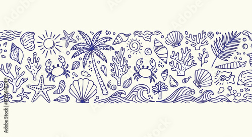 Vibrant blue line art captures a playful beach scene with shells, crabs, palm trees, and waves, perfect for summer designs.