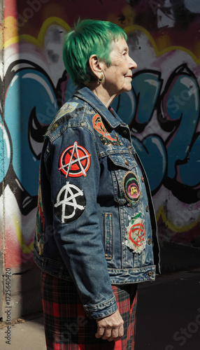 Portrait of an older woman in her 60s with lifelong punk style, short dyed green hair and patched denim jacket, rebellious alternative subculture fashion identity