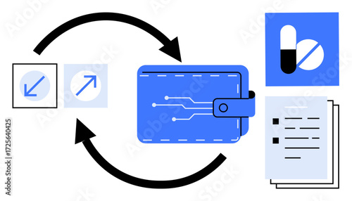 Digital wallet accompanied by directional arrows, medical capsules, and documents symbolizing transaction flow, record management, medication tracking, and healthcare finance management. Ideal