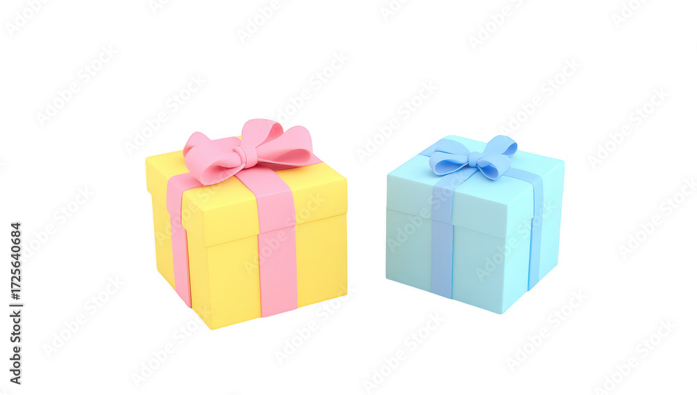 Fototapeta premium Two colorful gift boxes. one yellow with a pink bow and one blue with a light blue bow. placed on a plain white background. suggesting a festive atmosphere suitable for celebrations