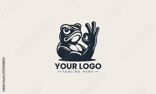 Grumpy frog character showing a middle finger in a bold black silhouette vector logo design on a clean white background, for humorous and edgy themes