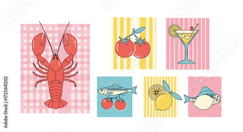 Vibrant summer picnic elements including lobster, fresh tomatoes, zesty lemons, and a refreshing cocktail create a cheerful culinary scene