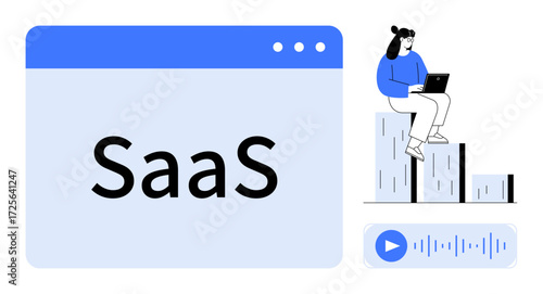 Browser window labeled SaaS beside a woman seated on data bars with a laptop and audio waveform below. Ideal for SaaS solutions, technology, cloud computing, data analysis, teamwork, online tools