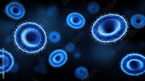 Microscopic depiction of glowing blue cell structures against a dark background, with depth