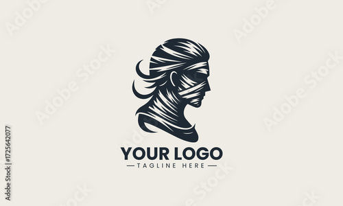 Stylized mummy head illustration with bandages and red accents in a striking vector logo design for ancient Egyptian themed projects