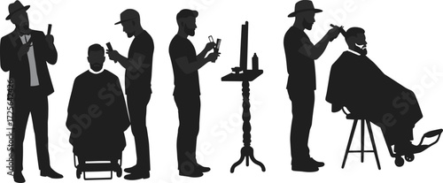Barbershop silhouette, haircut scene, barber tools, grooming service, hair stylist, client interaction, professional salon, black and white