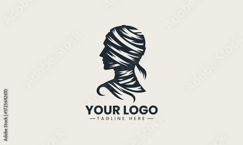 Stylized mummy head illustration with bandages and red accents in a striking vector logo design for ancient Egyptian themed projects