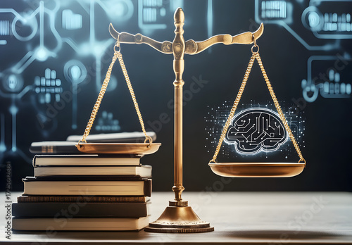 A traditional scale of justice balanced with legal books on one side and AI symbols.