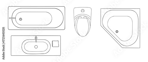 Top view bathroom furniture set: bathtubs, toilets, bowls, washbasins for washroom interior layout, hand-drawn vector illustrations, overhead floor plan isolated on transparent background