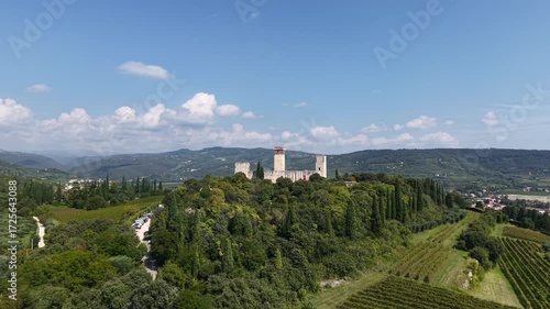 Wallpaper Mural Drone footage of Castello di Montorio in Verona, Italy. Historic medieval castle with panoramic countryside views. Torontodigital.ca