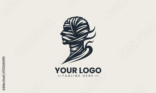 Stylized mummy head illustration with bandages and red accents in a striking vector logo design for ancient Egyptian themed projects