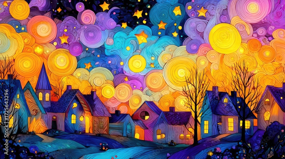 Obraz premium Colorful Night Sky Over Vibrant Village with Starry Atmosphere