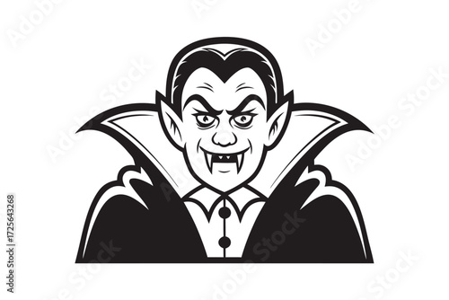 Monochrome cartoon vampire with a large collar and sinister expression gazes forward intensely