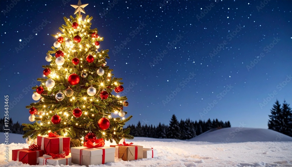 Obraz premium Outdoor Christmas tree with gifts under starry sky.