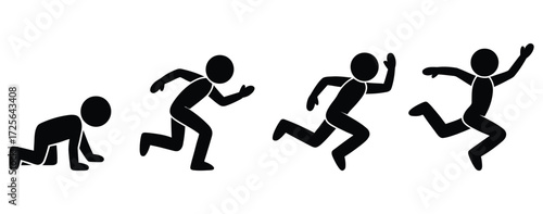 Silhouette figures demonstrating the progression of a runner from starting position to victory pose