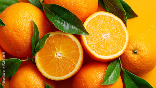 Fresh ripe oranges, whole and sliced in half, with green leaves on a vibrant orange background.