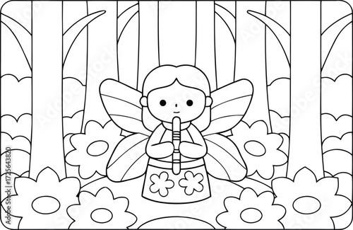 A fairy plays a flute in a whimsical forest, surrounded by flowers