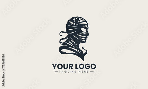 Stylized mummy head illustration with bandages and red accents in a striking vector logo design for ancient Egyptian themed projects