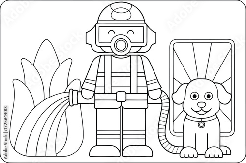 A firefighter, dog, and firehose in a simple line drawing illustration