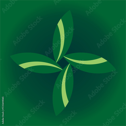 Four lush green leaves radiate in balanced symmetry, glowing softly against deep emerald, symbolizing renewal, growth, nature’s rhythm, and timeless organic harmony.