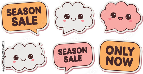 Cute cartoon speech bubbles promoting season sale and limited time offers for marketing campaigns and promotional materials to attract customers and boost sales