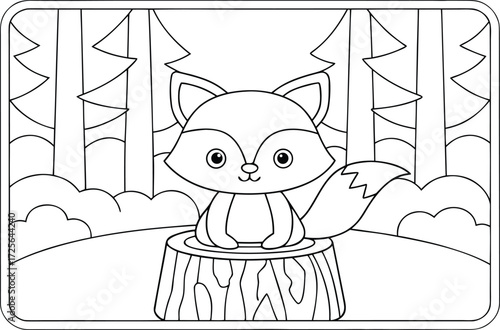A cute fox sits on a tree stump in a whimsical forest illustration
