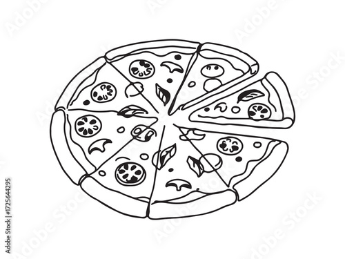Hand drawn pizza illustration with sliced portion on white background