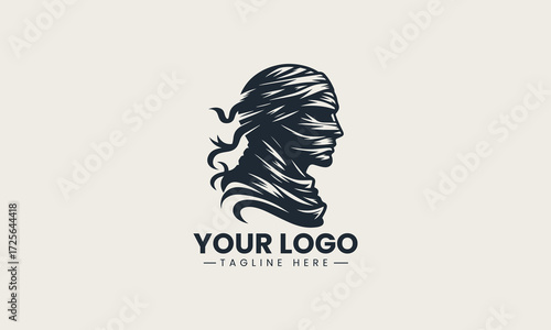 Stylized mummy head illustration with bandages and red accents in a striking vector logo design for ancient Egyptian themed projects
