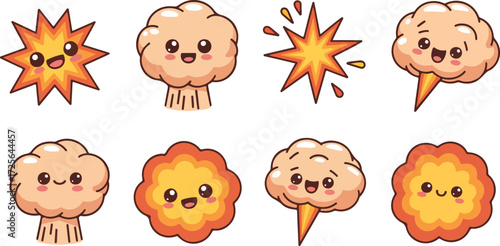 Collection of cartoon explosion icons with happy faces in a variety of shapes and colors against a perfect for graphic design and children's illustrations