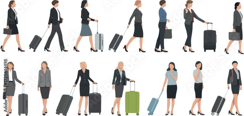 Businesswoman walking with suitcase, corporate travel, professional attire, diversity, career mobility, airport commute, stylish female travelers