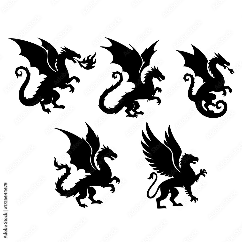Fototapeta premium A powerful collection of medieval fantasy creatures, featuring various dragon poses and a majestic griffin in silhouette form