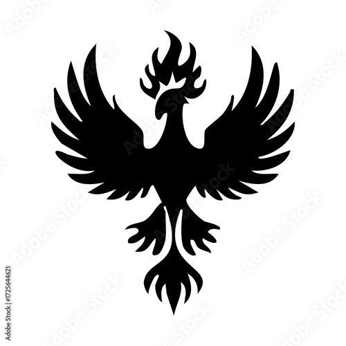 A powerful black silhouette of a mythical phoenix with spread wings and a fiery crest, symbolizing rebirth, immortality, and new beginnings