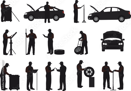 Car repair silhouettes, mechanic tools, tire service, vehicle inspection, garage teamwork, black vector, auto maintenance icons