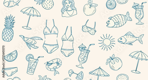 Vibrant summer vacation doodles featuring beachwear, tropical fruits, refreshing drinks, and oceanic life create a playful, carefree atmosphere perfect for seasonal designs.