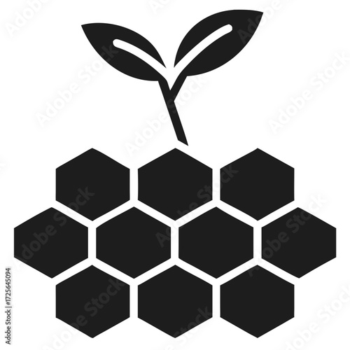 Dark gray icon of a plant growing from a honeycomb structure futuristic silhouette vector icon